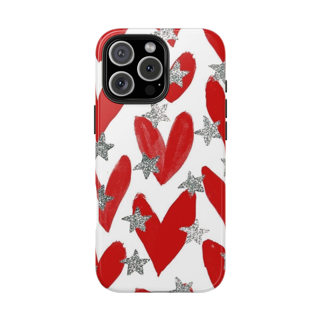 Phone case - red hearts & silver stars